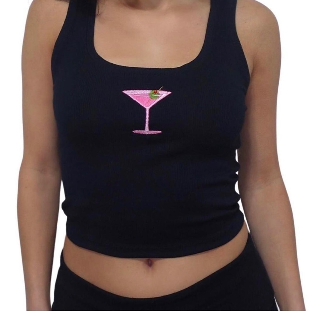 Black Tank Top with Pink Martini Embroidery and Red Rhinestone